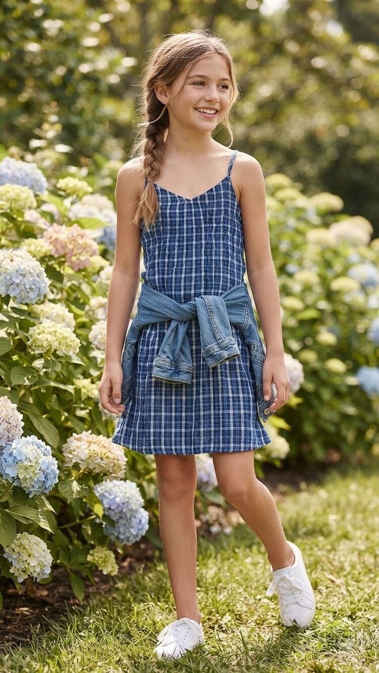 NWT Abercrombie Kids Blue White Plaid Smocked Cami Dress Size 9/10